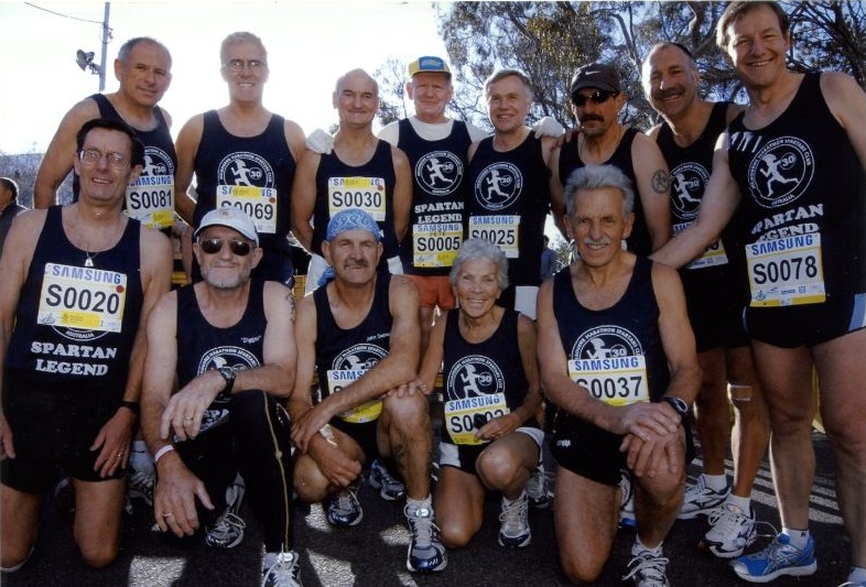 The thirteen Melbourne Marathon Spartan Legends before the 30th Melbourne